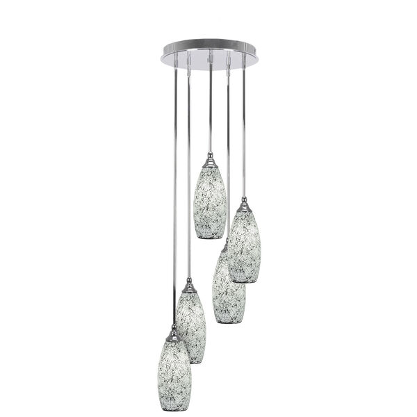 Empire Chrome Five-Light Cluster Pendant with Six-Inch Black Fusion Glass, image 1