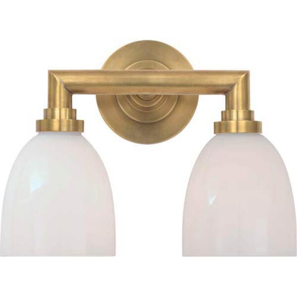 Wilton Double Bath Light in Hand-Rubbed Antique Brass with White Glass by Chapman and Myers, image 1