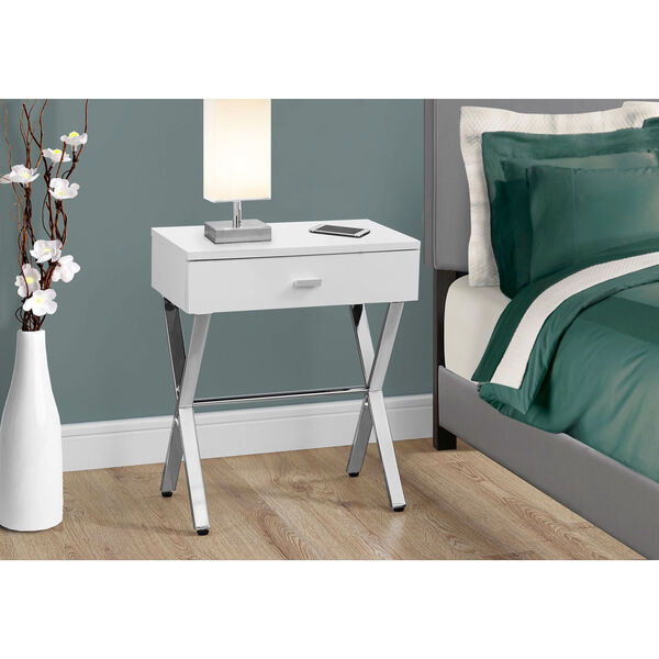 Accent Table - Glossy White / Chrome Metal Night Stand, image 1