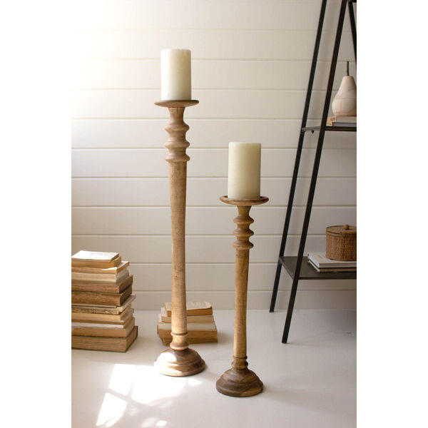 Brown Natural Tall Mango Wood Pillar Candle Stands, Set of Two, image 1