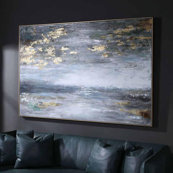 Dawn to Dusk Gray, White, Blue, Green and Gold Leaf Hand Painted Art, image 2