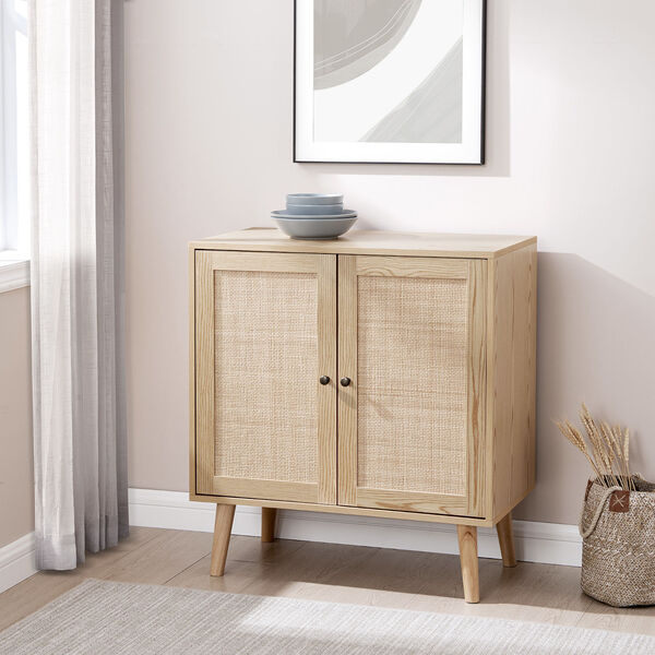 Natural Solid Wood and Rattan Accent Cabinet with Two Doors, image 2