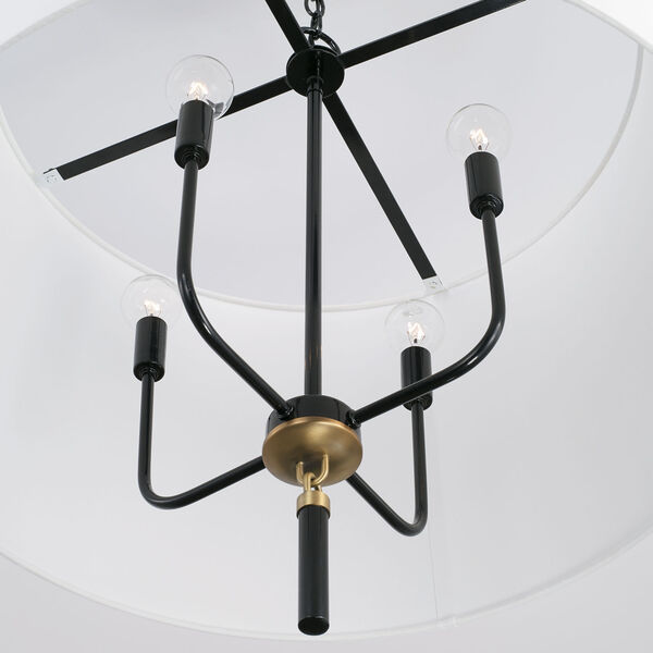 Beckham Glossy Black and Aged Brass Four-Light Drum Pendant with White Fabric Shade, image 3