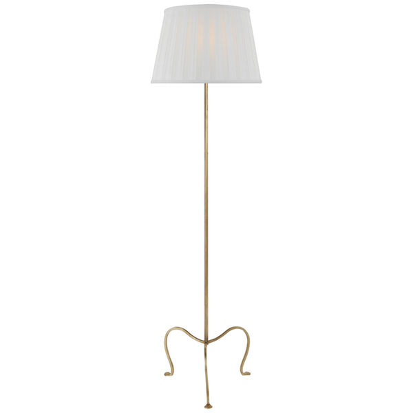 Albert Small Tri-Leg Floor Lamp in Gilded Iron with Silk Box Pleat Shade by J. Randall Powers, image 1