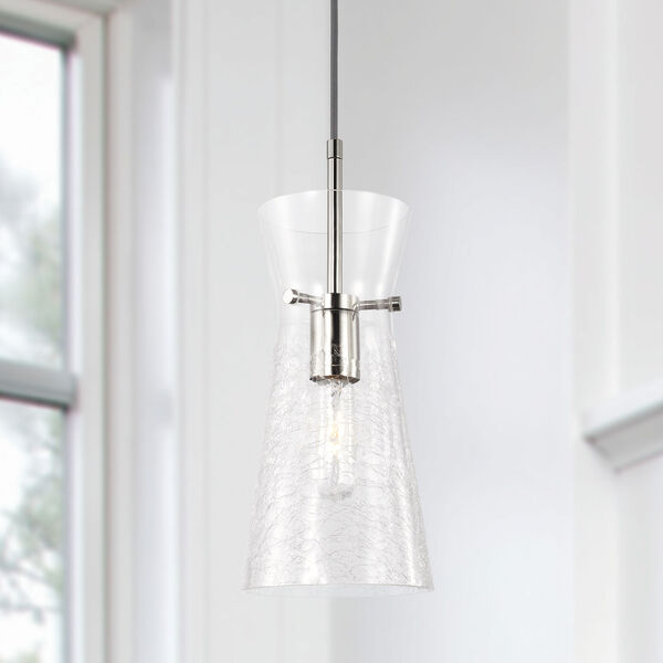 Mila Polished Nickel One-Light Mini Pendant with Clear Half-Crackle Tapered Glass, image 2
