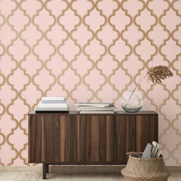 Marrakesh Pink and Metallic Gold Peel and Stick Wallpaper, image 1