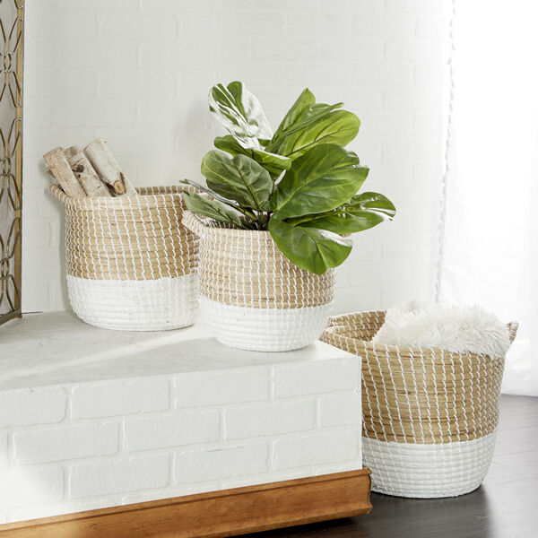 Brown and White Sea Grass Storage Basket, Set of 3, image 1