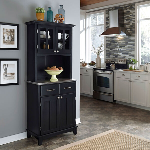 Black Buffet with Two Door Hutch and Stainless Top, image 2