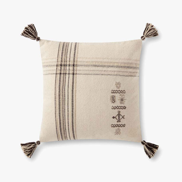 Natural and Charcoal Embroidered Fringed Plaid Pillow with Tassels, image 1