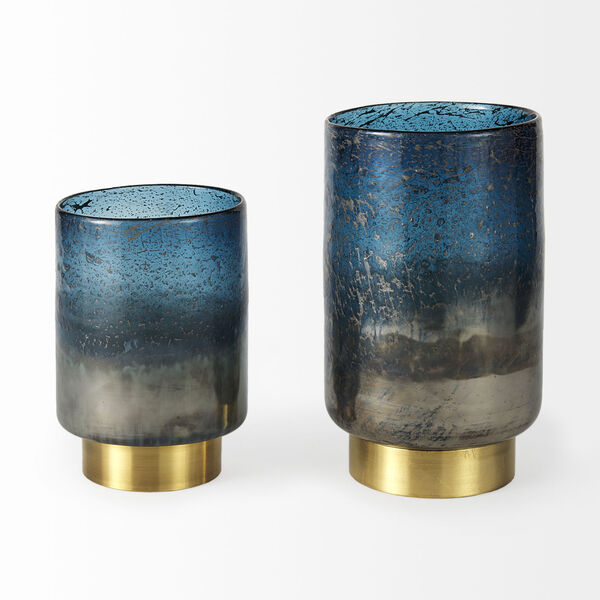 Caspian II Blue and Antique Brass Short Bottom Vase, image 2
