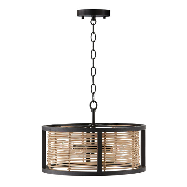 Rico Flat Black Four-Light Semi-Flush or Pendant Made with Handcrafted Mango Wood and Rattan, image 2
