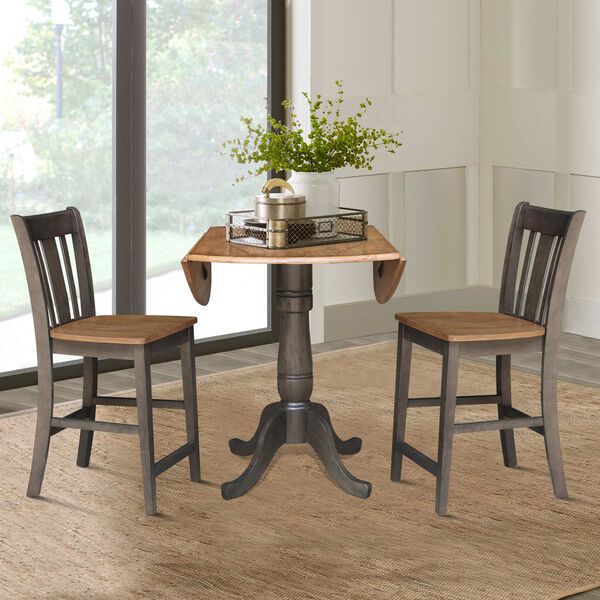Hickory Washed Coal Round Dual Drop Leaf Counter Height Dining Table with 2 Splatback Stools, 3 Piece Set, image 6