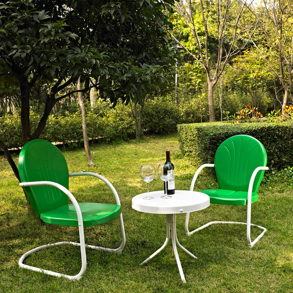 Griffith Three Piece Metal Outdoor Conversation Seating Set: Two Chairs in Grasshopper Green Finish with Side Table in White Finish, image 1