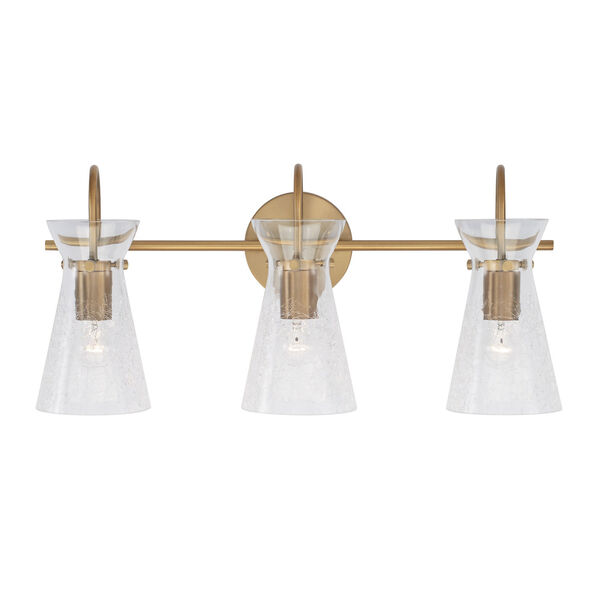 Mila Aged Brass Three-Light Bath Vanity with Clear Half-Crackle Tapered Glass Shades, image 2
