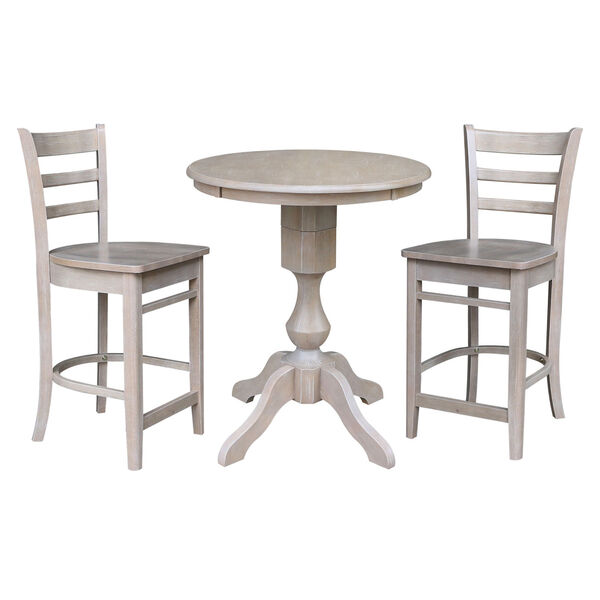 Washed Gray Taupe 30-Inch Round Pedestal Bar Height Table with Two Counter Stool, Three-Piece, image 2