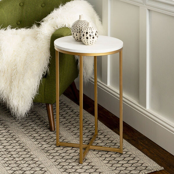 16-Inch Round Side Table - Marble/Gold, image 1