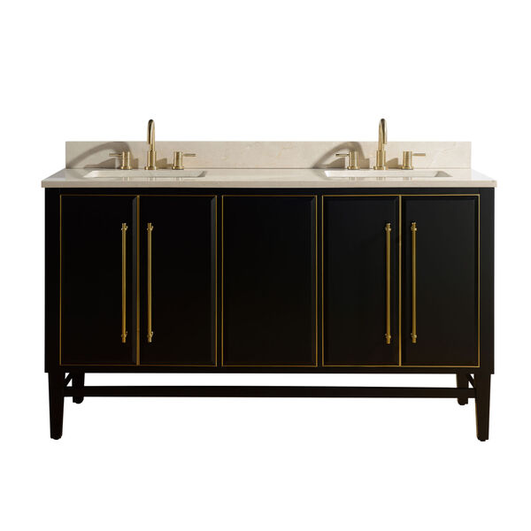 Black 61-Inch Bath vanity Set with Gold Trim and Crema Marfil Marble Top, image 1