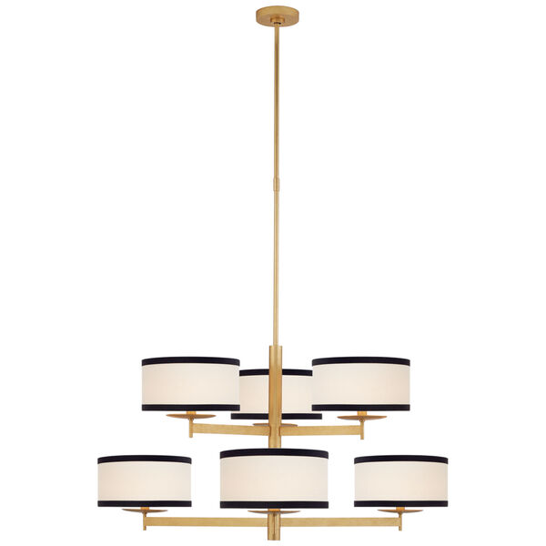 Walker Medium Two Tier Chandelier in Gild with Cream Linen Shades with Black Linen Trim by kate spade new york, image 1