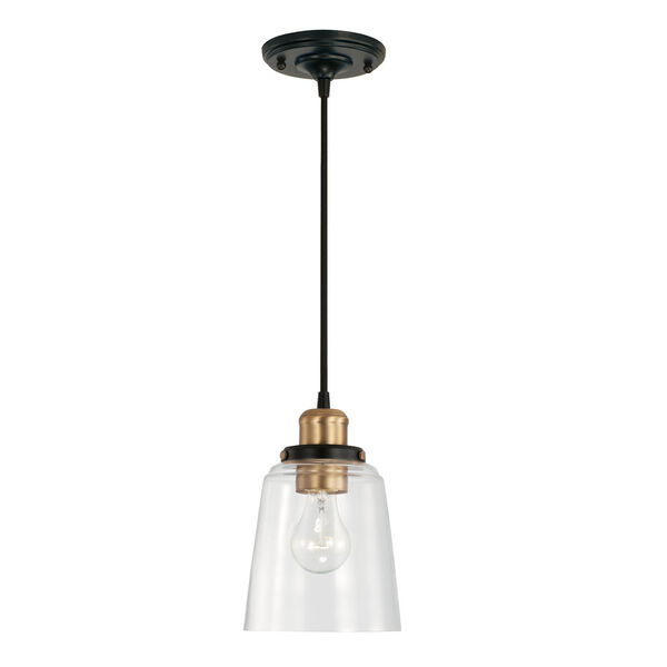 Fallon Aged Brass and Black One-Light Mini Pendant with Clear Glass Shade and Braided Cord, image 1