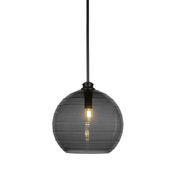 Malena Matte Black 14-Inch One-Light Stem Hung Pendant with Smoke Ribbed Glass Shade, image 1