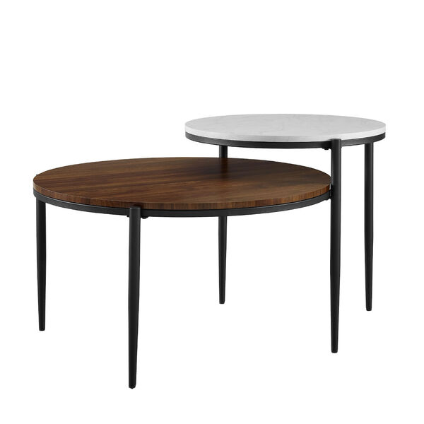 Ella Faux White Marble and Dark Walnut Round Two-Tiered Coffee Table, image 3