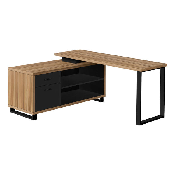 Natural and Black Computer Desk with Drawers and Shelves, image 1