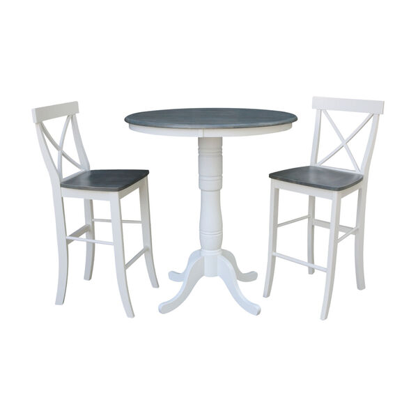 White and Heather Gray 36-Inch Round Pedestal Bar Height Table With Two X-Back Bar Height Stools, Three-Piece, image 1