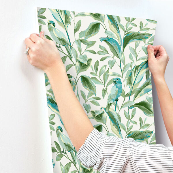 Tropics White Aqua Tropical Love Birds Pre Pasted Wallpaper - SAMPLE SWATCH ONLY, image 3