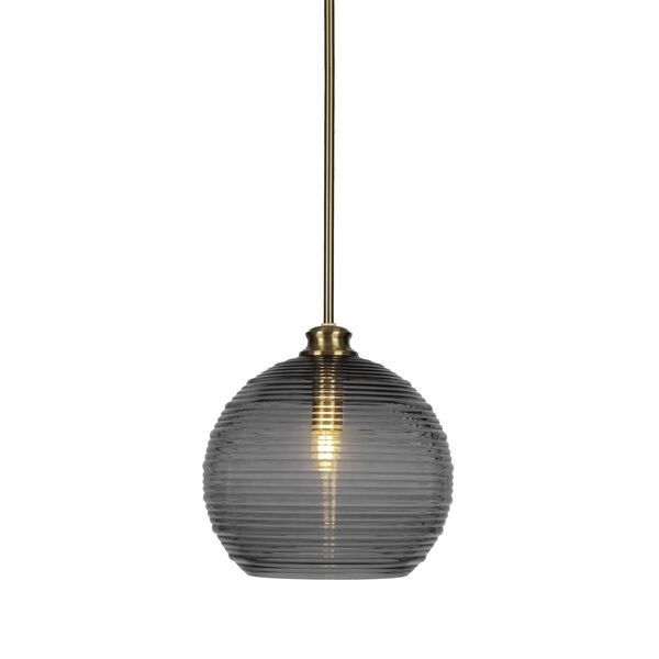 Malena New Age Brass 12-Inch One-Light Stem Hung Pendant with Smoke Ribbed Glass Shade, image 1