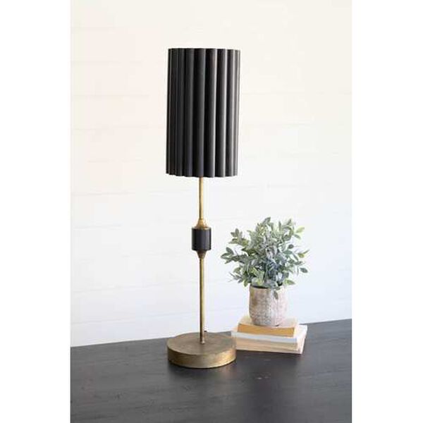 Gold Antique Table Lamp with Fluted Black Metal Shade, image 1