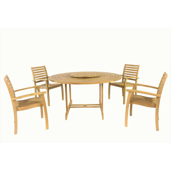 Royal Nature Sand Teak Teak Round Table with Lazy Susan Outdoor Dining Set, 5-Piece, image 1
