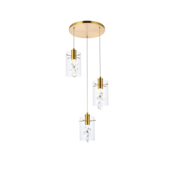 Hana Gold 16-Inch Three-Light LED Pendant with Royal Cut Clear Crystal, image 1
