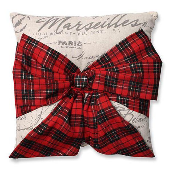 Beige 6.5-Inch Holiday Plaid Bowknot Throw Pillow, image 1