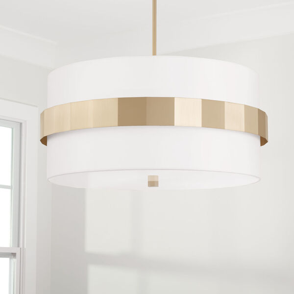 Sutton Soft Gold Four-Light Drum Pendant with White Fabric Shade and Frosted Glass Diffuser, image 4