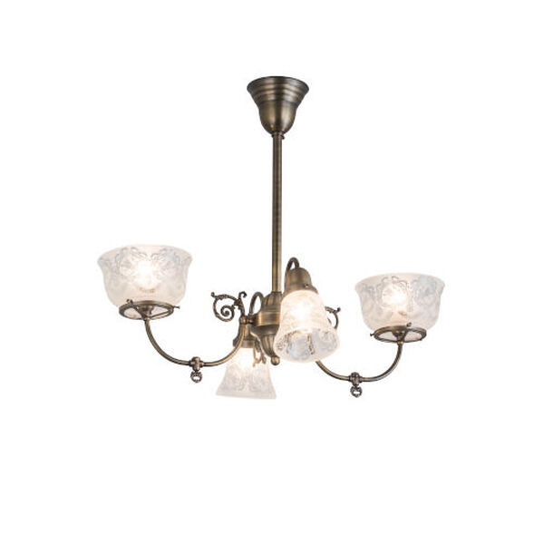 Revival Antique Brass Gas and Electric Four-Light Oblong Chandelier, image 1