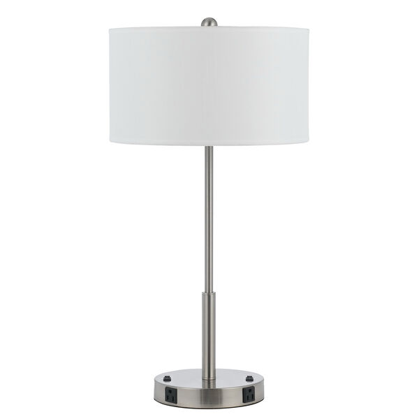 Hotel Brushed Steel Two-Light 100W Table Lamp with Two Outlets, image 1