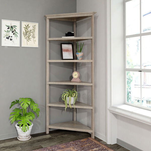 Washed Grey 5-Tier Corner Wooden Bookcase, image 1