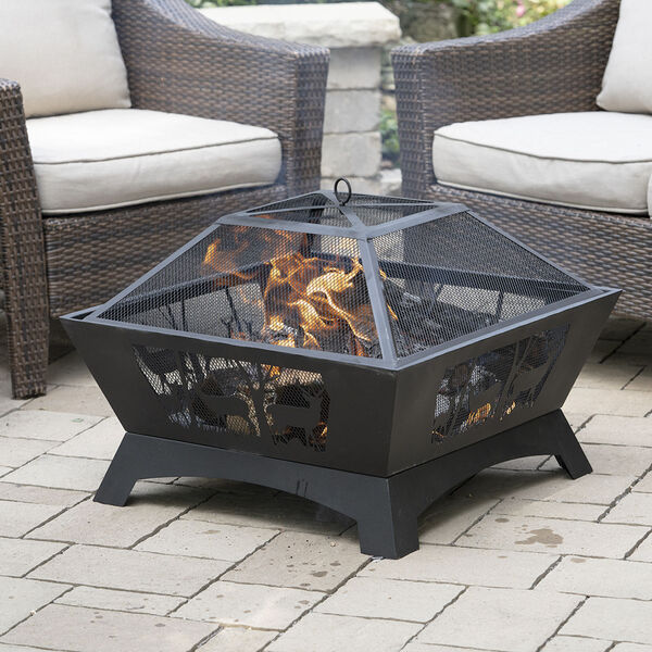 Black 28-Inch Square Fire Pit with Decorative Steel Base, image 3
