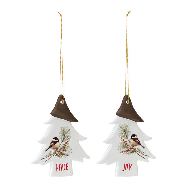 White Chickadee Joy and Peace Tree Novelty Ornament, Set of 12, image 1