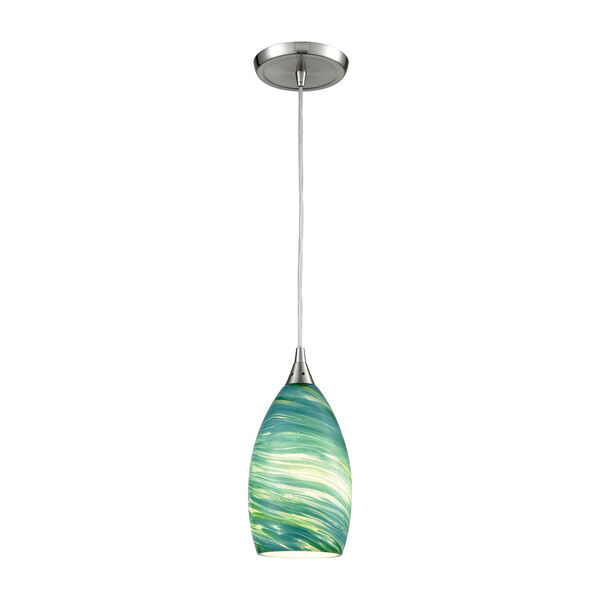 Collanino Satin Nickel Five-Inch One-Light Mini Pendant with Aqua Swirl Blown Glass, image 1