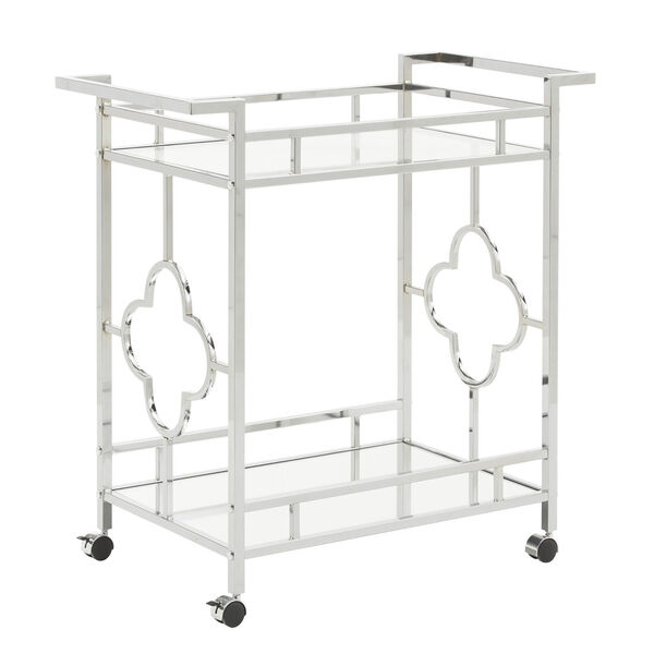 Kira Chrome Floral Bar Cart with Mirror Bottom and Glass Top, image 1