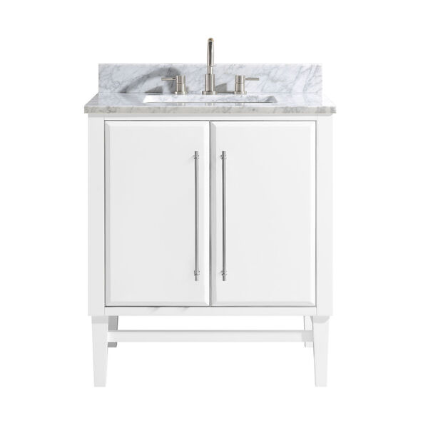 White 31-Inch Bath vanity Set with Silver Trim and Carrara White Marble Top, image 1