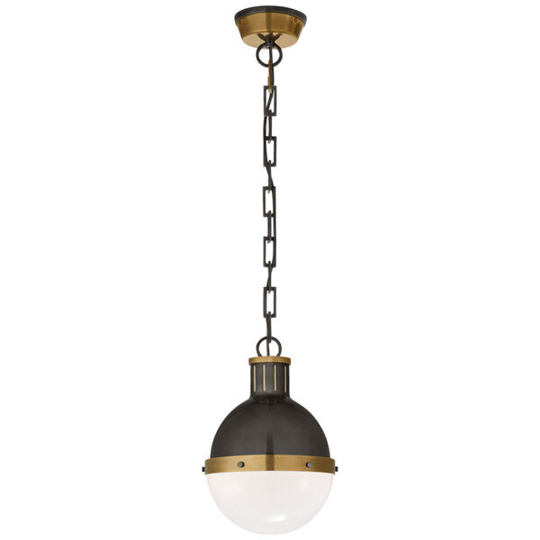 Hicks Small Pendant in Bronze and Hand-Rubbed Antique Brass with White Glass by Thomas O'Brien, image 1