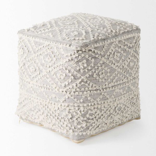 Farida Light Gray Wool and Polyester Patterned Pouf, image 3