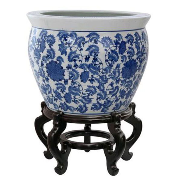 18 Inch Porcelain Fishbowl Blue and White Floral, image 1