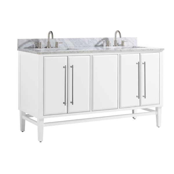 White 61-Inch Bath vanity Set with Silver Trim and Carrara White Marble Top, image 2