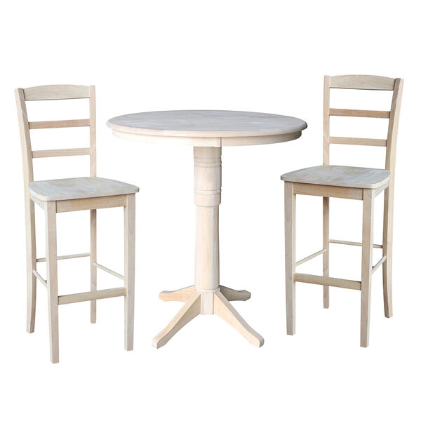 Unfinished 36-Inch Straight Pedestal Bar Height Table with Two Madrid Stools, image 1