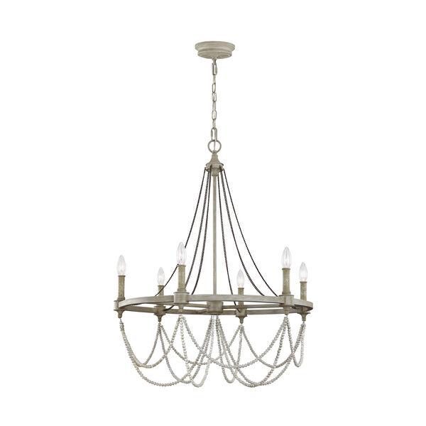 Beverly French Washed Oak and Distressed White Wood Six-Light Chandelier, image 1