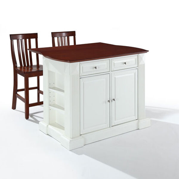 Drop Leaf Breakfast Bar Top Kitchen Island in White Finish with 24-Inch Cherry School House Stools, image 1
