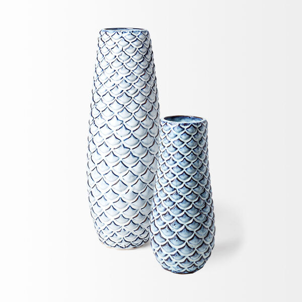 Troi II Blue and White Fishscale Ceramic Vase, image 2